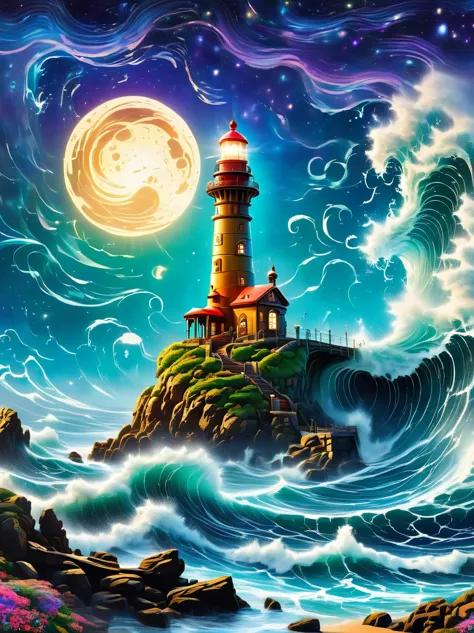 Lovely lighthouse made in Persian architectural style，dark night，huge waves，cliff，(light on top of lighthouse)，3D style，lbender，...