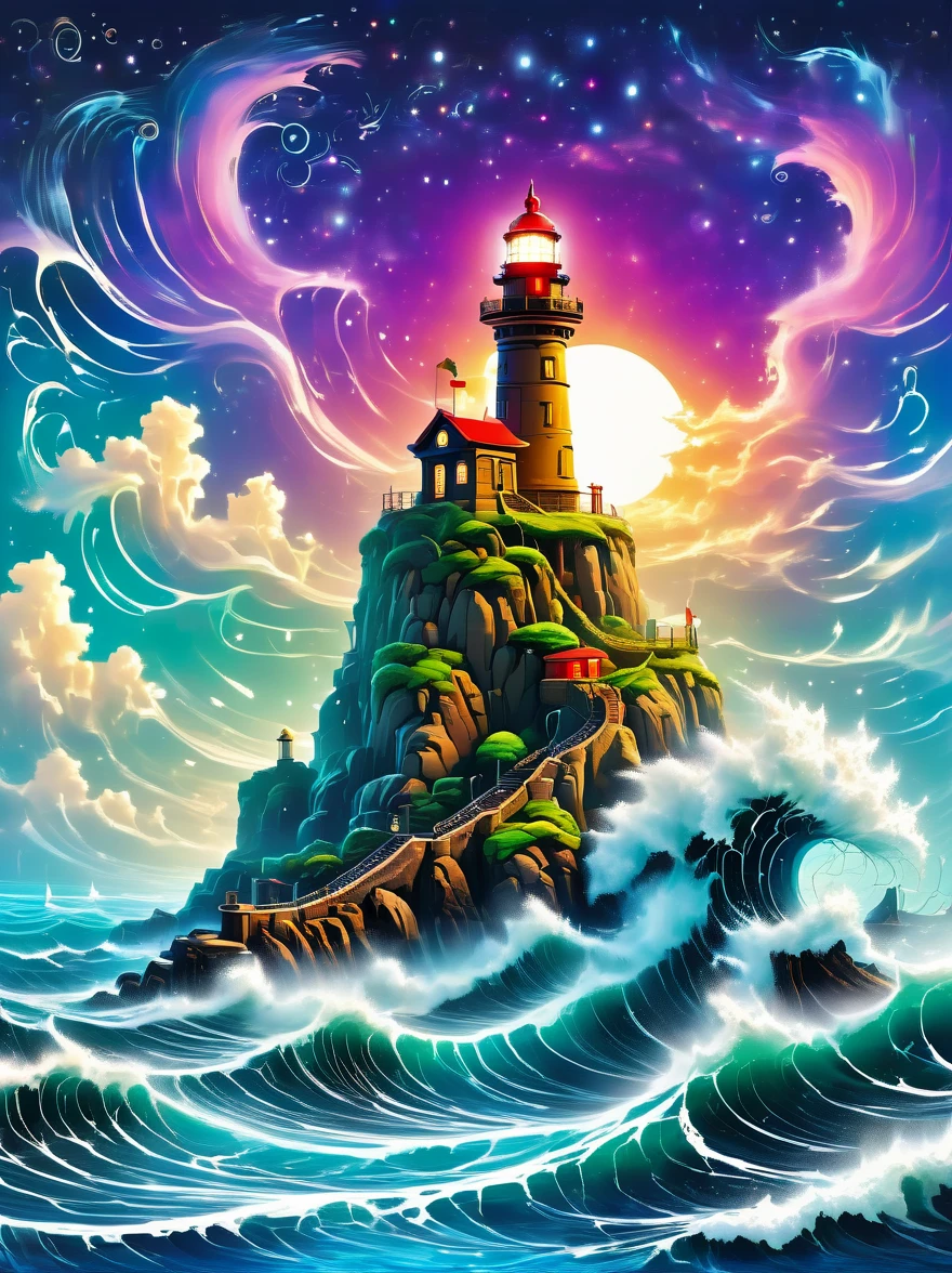 Lovely lighthouse made in Persian architectural style，dark night，huge waves，cliff，(light on top of lighthouse)，3D style，lbender，Cute surface color，The strongest in the universe，Lead navigation，future technology，mechanical lighthouse，Studio Ghibli style，clean background，Simple