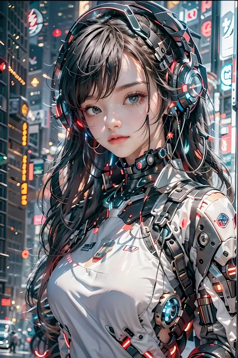 best quality，masterpiece，16k，1girl,cyberpunk,headset,mechanical earphones,luminous earphones,fragmented mechanical jewelry,techn...