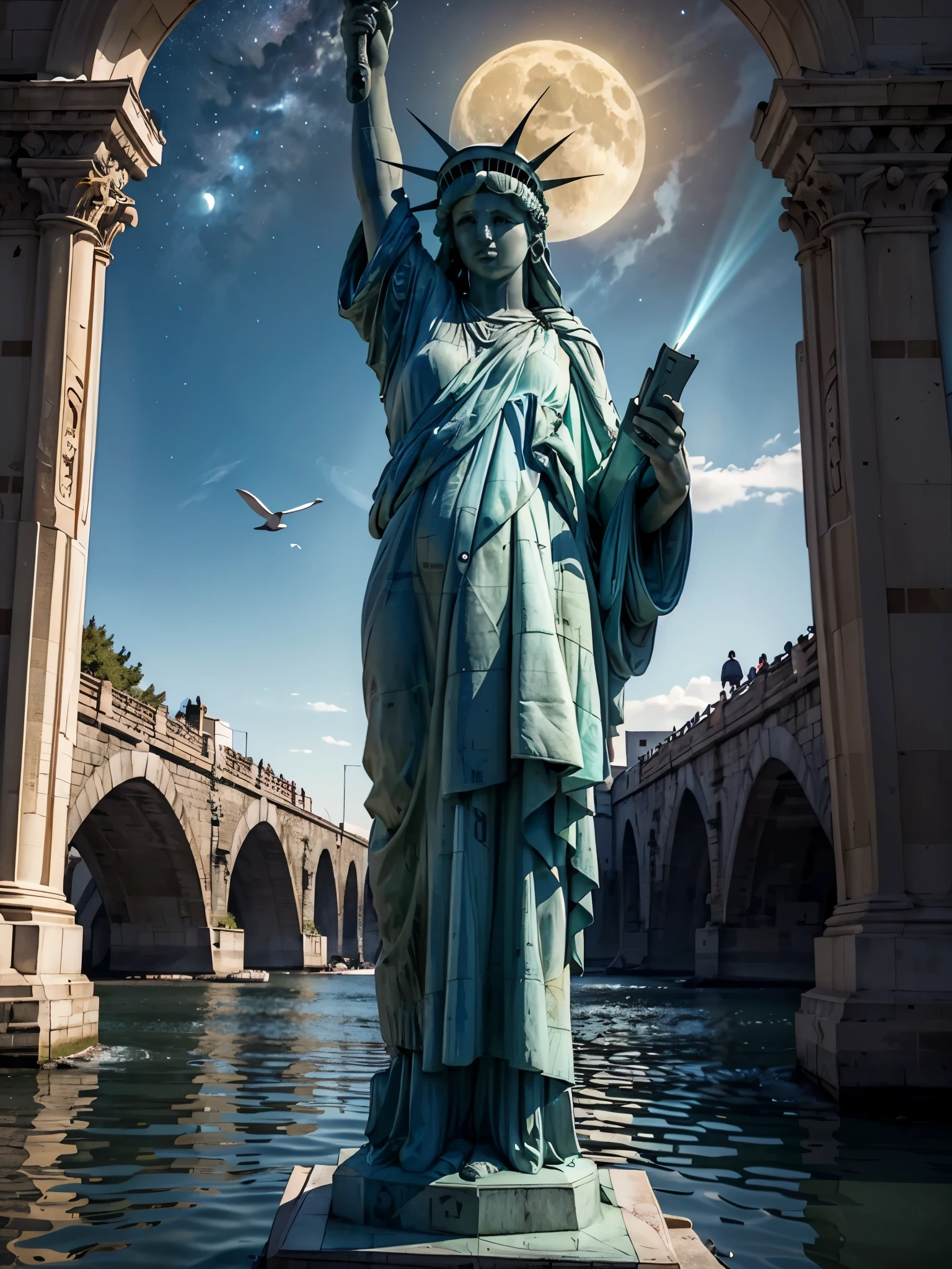 uma garrafa colossal que continha um lago majestoso e uma senhora-liberdade,  cena muito alta qualidade e muito detalhada , renderização de octanagem, céu estrelado , Sonhos , Lua verde gigante , Cofre do céu , Inspiração, Imaginação  