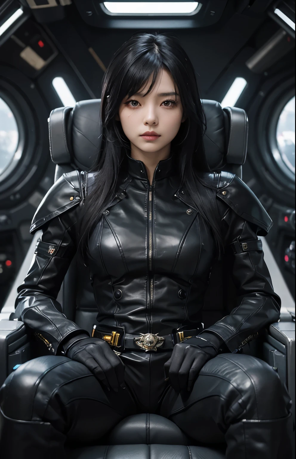 Una hermosa mujer está sentada en el asiento de mando de una nave espacial con los brazos cruzados. El asiento de mando está cubierto de cuero y tiene una estructura muy lujosa. La mujer tiene cabello negro y lleva un uniforme de combate metálico negro. En su cintura hay algo que recuerda al cinturón de transformación de Kamen Rider.. La mujer tiene veinticinco años.