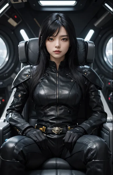 A beautiful woman is sitting in the command seat of a space battleship with her arms folded. The command seat is covered in leat...