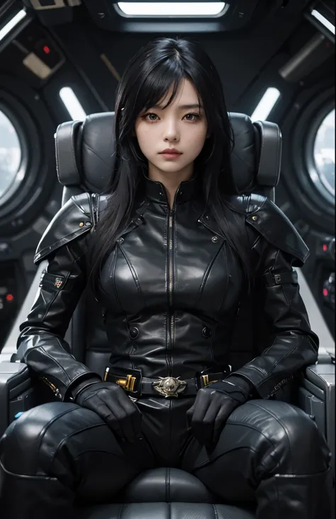 a beautiful woman is sitting in the command seat of a space battleship with her arms folded. the command seat is covered in leat...