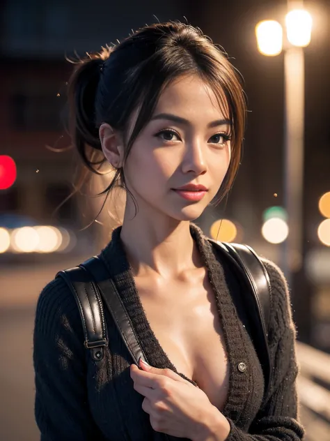 14 years old, small breasts, winter, european cityscape, night, outdoors, wearing a long coat, wearing jeans, close up of face, ...