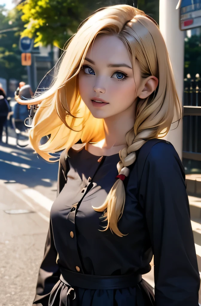 drooping eyes, round face, cute casual dress, blond, braid, gate at corner of the park, smiling, windy,