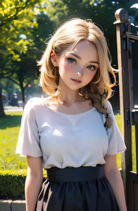 drooping eyes, round face, cute casual dress, blond, braid, gate at corner of the park, smiling, windy,