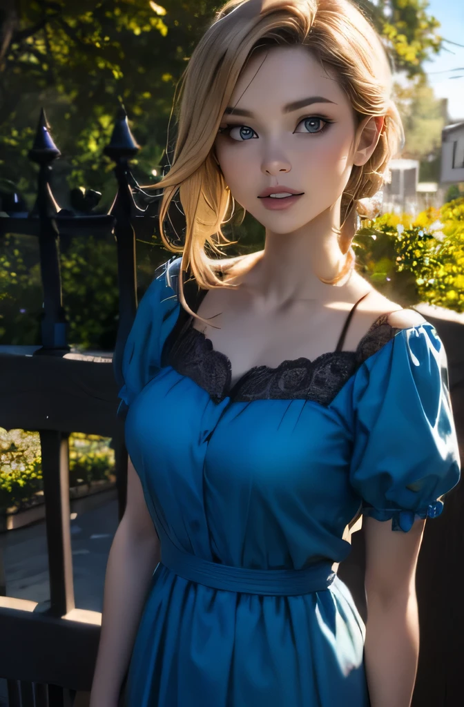 eyes realistic sizing, drooping eyes, round face, cute casual dress, blond, braid, gate at corner of the park, smiling, windy, strong sunlight,