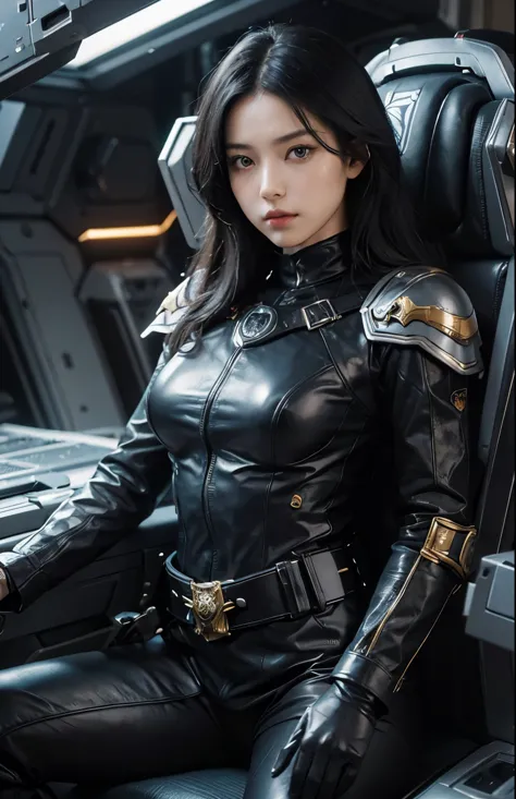 Upper body close-up image.A beautiful woman is sitting in the command seat of a space battleship with her arms folded. The comma...
