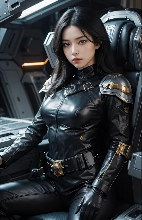 upper body close-up image.a beautiful woman is sitting in the command seat of a space battleship with her arms folded. the comma...