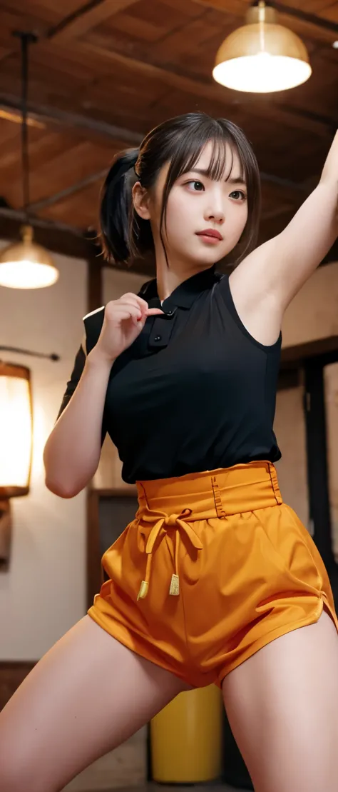 gorgeous kung fu idol、whole body、good style、、、shiny orange kung fu fashion（black shorts style）、、thick legs、fighting pose