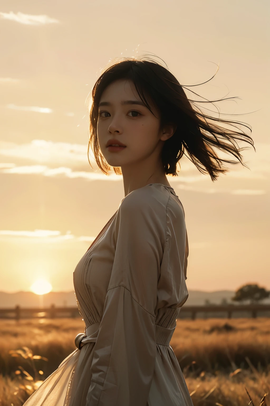 highest quality,masterpiece,ultra high resolution,realistic,RAW photo,unity 8k wallpaper, panorama, cinematic lighting, on the grass, sunset, dappled sunlight, golden hour lighting, Backlight, blurred background, (Lens flare), Wind, pastel colour, soft light, 1 girl,floating short hair, sad,Upper body,