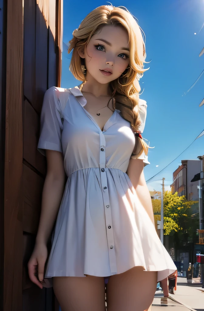 eyes realistic sizing, drooping eyes, round face, (unbuttoned casual dress), showing off chest outline, thighs, small breast, pubic hair, blond, braid, gate at corner of the park, smiling, windy, strong sunlight,