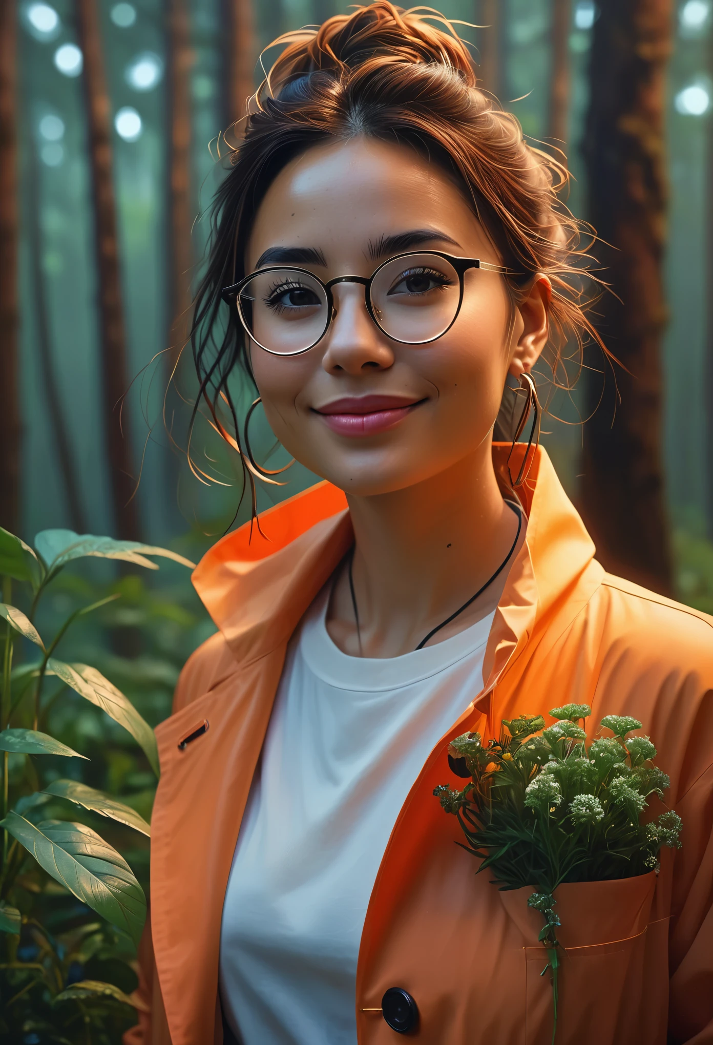 (front view, full body shot photo of the most beautiful artwork in the world featuring a beautiful smiling modern female, horny facial expression), Young and beautiful doctor dressed in a coat made of natural fabrics, with bunches of herbs and flowers in the pockets, sexy eyeglasses, intelligent but exciting look, ((mixed race woman)), sexy, big eyes, (symmetrical hoop earrings), (fantasy forest futuristic look), (neon lights), night, slow motion, (symmetrical), (reflections), orange raincoat, ((intricate detail)), nostalgia, ((heart professional majestic oil painting by Ed Blinkey)), Atey Ghailan, Studio Ghibli, by Jeremy Mann, Greg Manchess, Antonio Moro, (trending on ArtStation), trending on CGSociety, ((Intricate)), ((High Detail)), (8K), Sharp focus, dramatic, stunning god rays, photorealistic painting art by midjourney and greg rutkowski