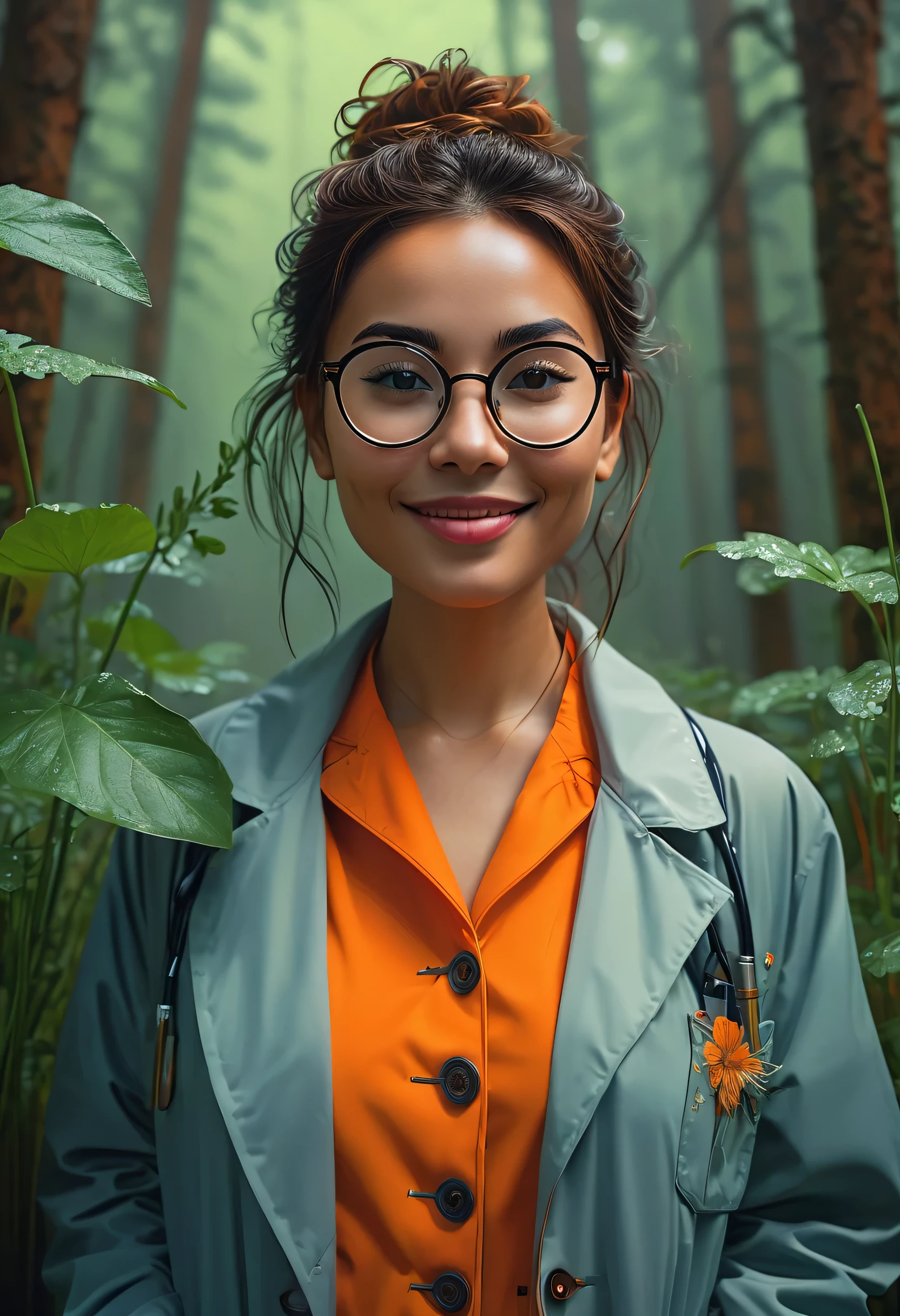 (vista frontal, Foto de cuerpo entero de la obra de arte más hermosa del mundo, con una hermosa mujer moderna sonriente, expresión facial cachonda), Doctor joven y hermoso vestido con una bata hecha de tejidos naturales, con ramos de hierbas y flores en los bolsillos, anteojos sexys, mirada inteligente pero emocionante, ((mujer de raza mixta)), sexy, ojos grandes, (simétrico hoop earrings), (aspecto futurista del bosque de fantasía), (Luces de neón), Noche, camara lenta, (simétrico), (reflexiones), orange raincoat, ((Detalle intrincado)), nostalgia, ((Corazón majestuoso profesional pintura al óleo de Ed Blinkey)), Atey Ghailan, Estudio Ghibli, por Jeremy Mann, Greg Manchess, Antonio Moro, (tendencia en artstation), tendencia en CGSociety, ((Intrincado)), ((Alto detalle)), (8K), enfoque nítido, dramático, impresionantes rayos de dios, Arte de pintura fotorrealista de Midjourney y Greg Rutkowski.