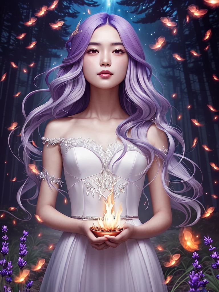 Young girl with flowing lavender hair, wearing a celestial-themed gown, surrounded by glowing fireflies in a mystical forest setting. Cinematic lighting, high detail, fantasy style, 4k resolution. Artistic masterpiece by Audrey Kawasaki and Tran Nguyen, inspired by nature and magic.