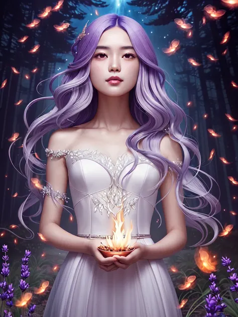 young girl with flowing lavender hair, wearing a celestial-themed gown, surrounded by glowing fireflies in a mystical forest set...