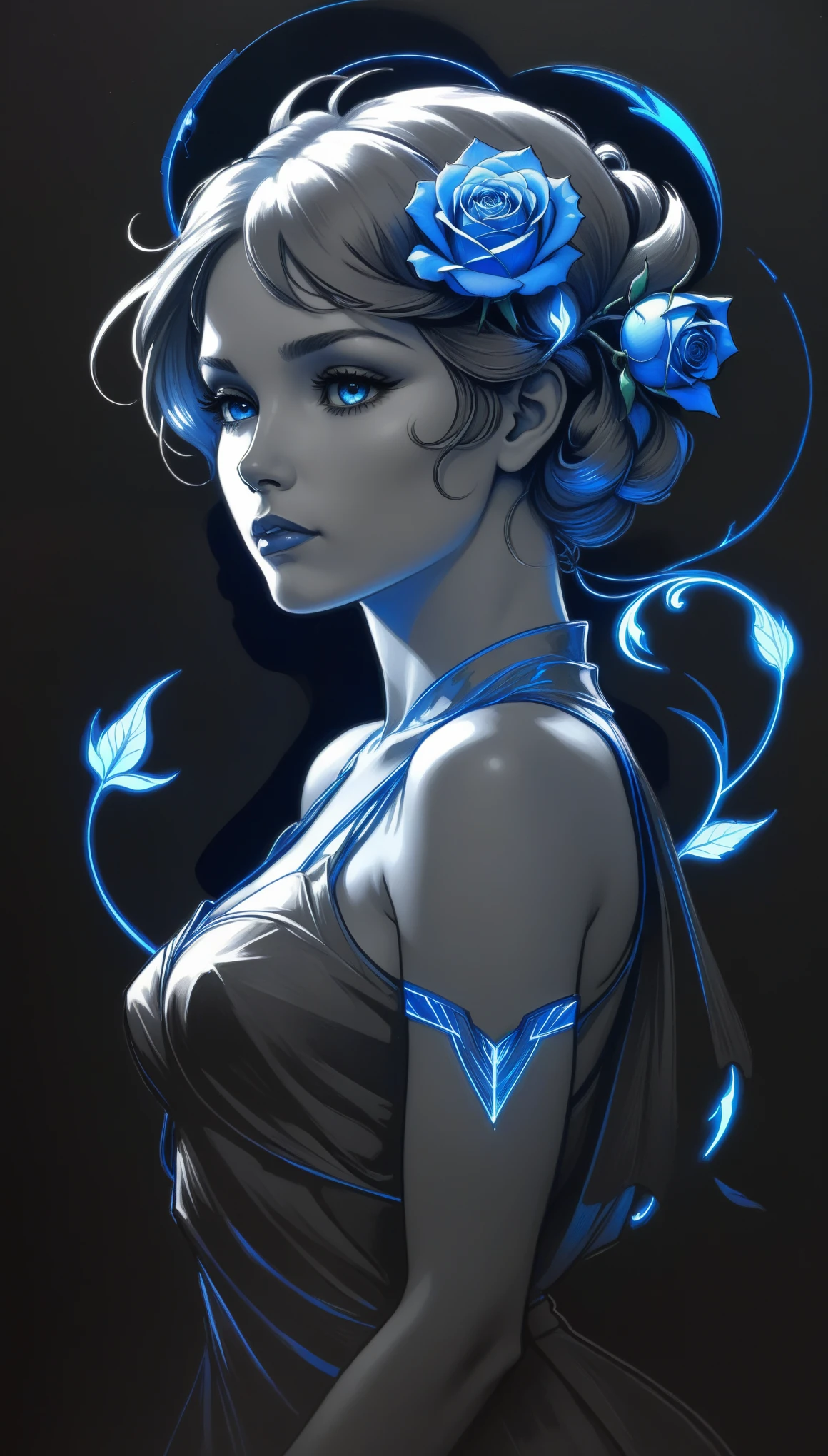 (Pencil_Sketch:1.2, messy lines, greyscale, traditional media, sketch),[[[artist by mucha]]]，On a dark background, blue electric charges form a stylized silhouette of a electric girl knihgt and rose , bioluminescence