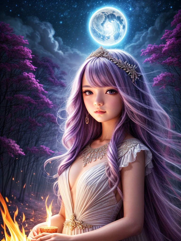 Young girl with flowing lavender hair, wearing a celestial-themed gown, surrounded by glowing fireflies in a mystical forest setting. Cinematic lighting, high detail, fantasy style, 4k resolution. Artistic masterpiece by Audrey Kawasaki and Tran Nguyen, inspired by nature and magic.