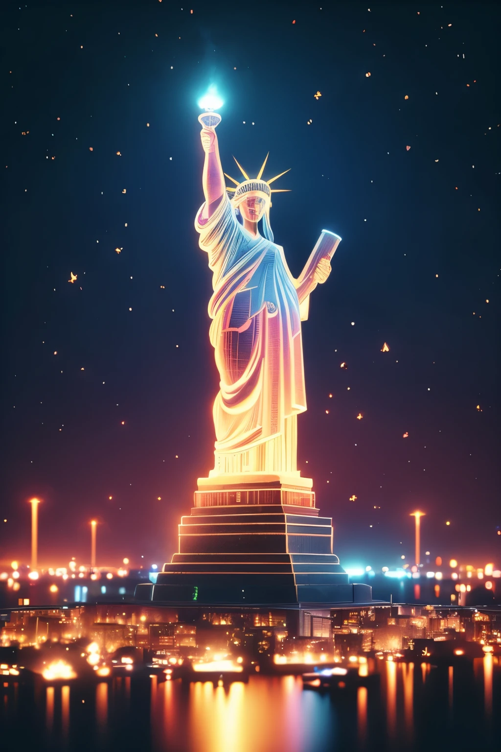 statue of Liberty holding a torch in the air, statue of Liberty, photo of the statue of Liberty, the goddess statue, goddess statue at left, represent, goddess statue sitting pose, on the island, nice images, lit in the light of dawn, new york background, beautiful scenery, stylized photo, Robert Scott Lauder