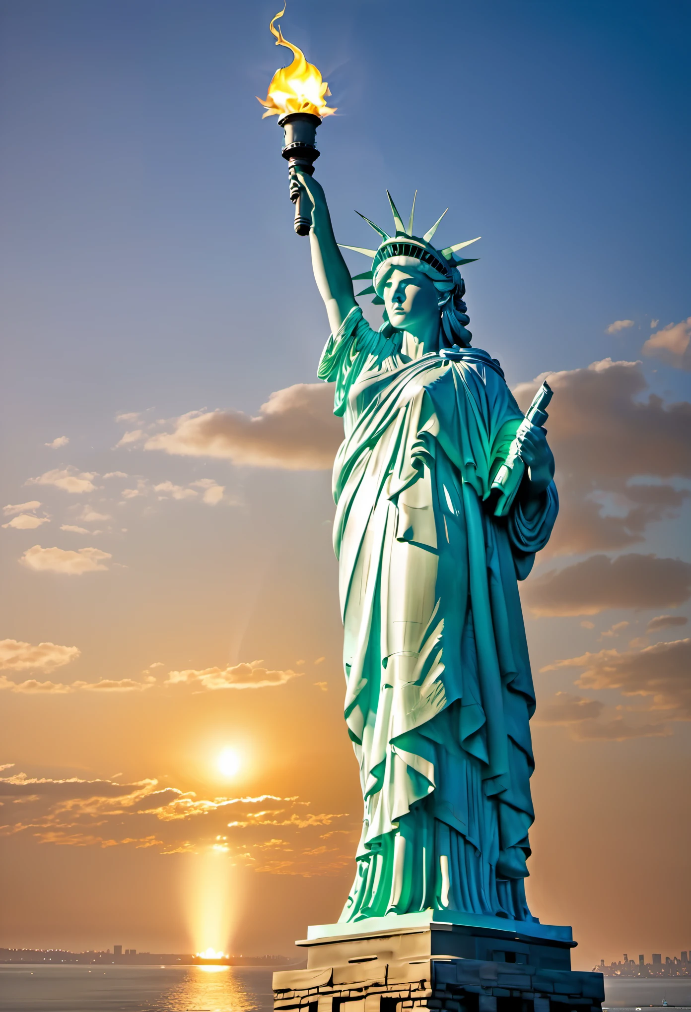 statue of Liberty holding a torch in the air, statue of Liberty, photo of the statue of Liberty, the goddess statue, goddess statue at left, represent, goddess statue sitting pose, on the island, nice images, lit in the light of dawn, new york background, beautiful scenery, stylized photo, Robert Scott Lauder