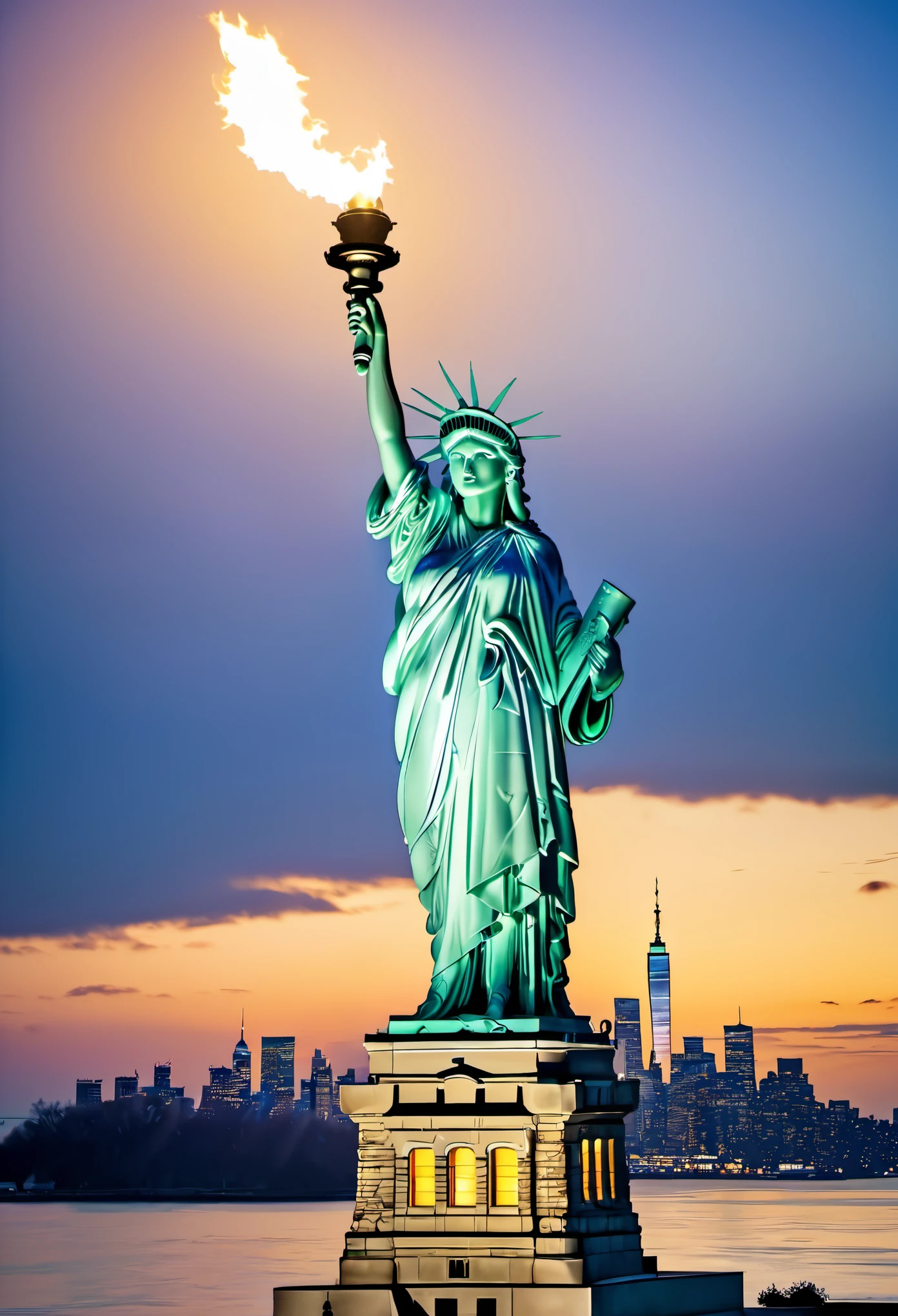 statue of Liberty holding a torch in the air, statue of Liberty, photo of the statue of Liberty, the goddess statue, goddess statue at left, represent, goddess statue sitting pose, on the island, nice images, lit in the light of dawn, new york background, beautiful scenery, stylized photo, Robert Scott Lauder
