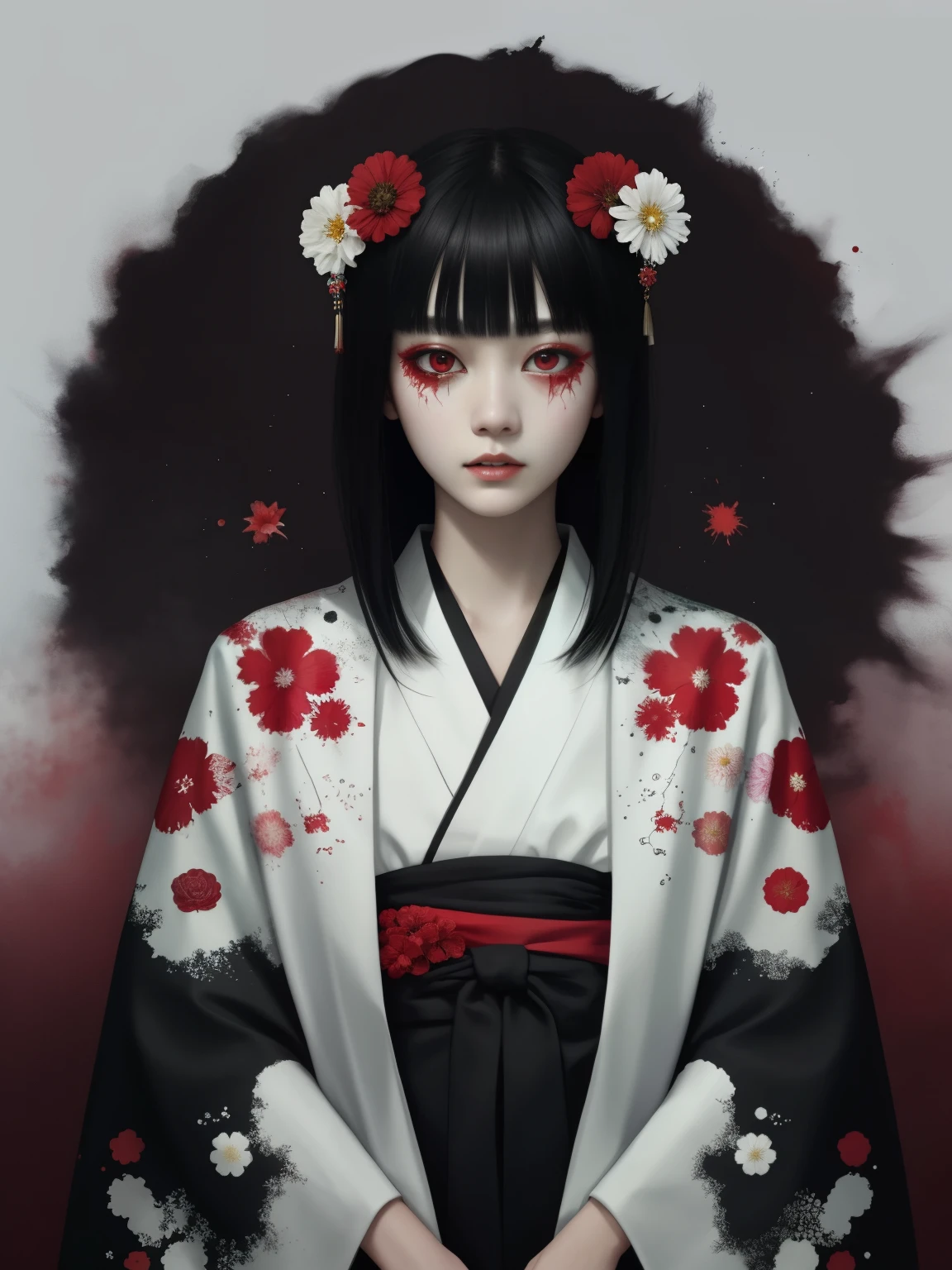 口にflower、flower、(masterpiece, highest quality:1.2), Cover image, splattered color background, very detailed, Colorful black, 1 girl, long black hair, red eyes, short hair, dull bangs, mannequin, cool face, (((white kimono))), figure, horror art, fear, Spooky, goa