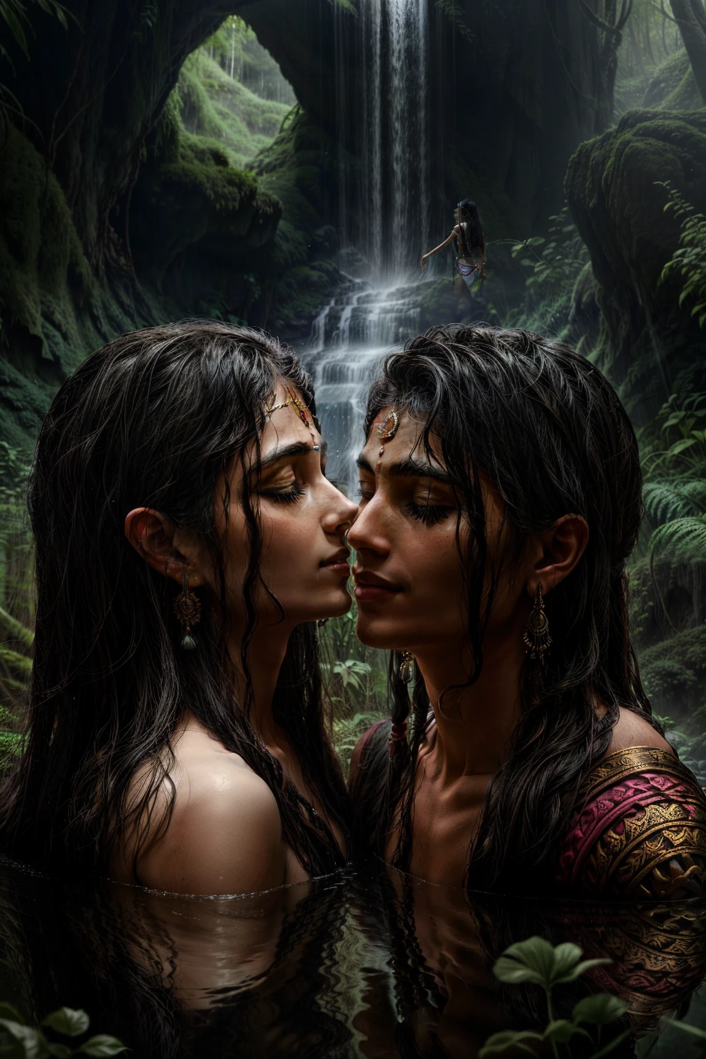 In the heart of a breathtaking jungle, a realistic portrait emerges of Lord Shiva and Goddess Parvati, deeply engrossed in each other's gaze. The historical figures are beautifully depicted in an oil painting, with intricate details that bring the artpiece to life. Lord Shiva is adorned with serene features, his third eye closed in deep meditation. His body is covered in smeared ash, a symbol of his devotion and detachment. Goddess Parvati, by his side, is portrayed with a gentle smile playing upon her lips, her large, almond-shaped eyes meeting Shiva's. Her dark, wavy hair cascades down her shoulders,