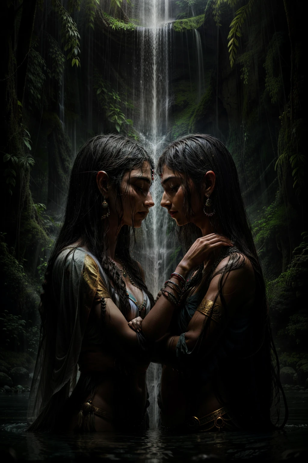 No coração de uma selva de tirar o fôlego, a realistic portrait emerges of Lord Shiva and Deusa Parvati, profundamente absortos no olhar um do outro. As figuras históricas são lindamente retratadas em uma pintura a óleo, com detalhes intrincados que dão vida à obra de arte. Lord Shiva é adornado com características serenas, seu terceiro olho fechado em profunda meditação. Seu corpo está coberto de cinzas manchadas, um símbolo de sua devoção e desapego. Deusa Parvati, do lado dele, é retratada com um sorriso gentil brincando em seus lábios, Seu grande, olhos amendoados encontrando os de Shiva. Seu escuro, cabelos ondulados caem em cascata pelos ombros,