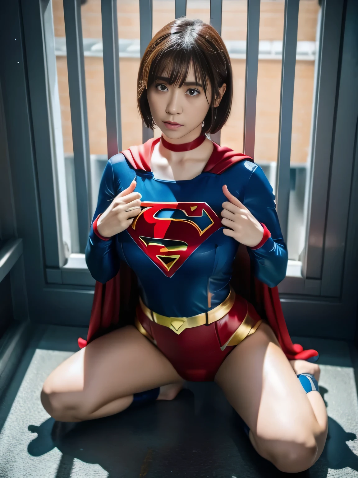 masterpiece、supergirl costume、short hair、barefoot、big and full breasts、shame、Crisis situation、prison、in a cage、sense of abuse、kneel down、sweaty、shiny、looking at camera、Seduce、choker、long sleeve、red sexy pose、POW camps、humiliating、