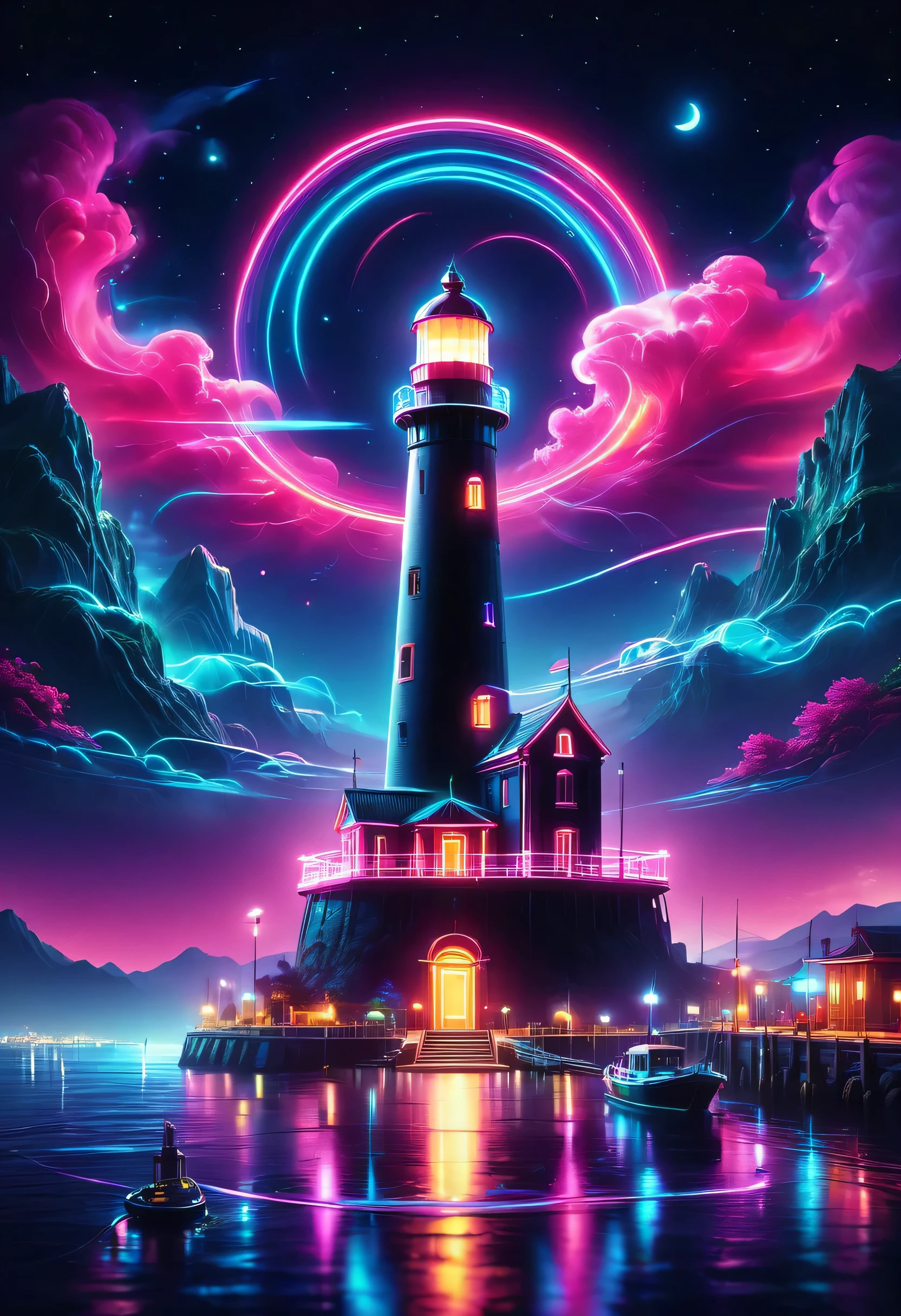 The aesthetics of vaporwave,Landscape painting,Lighthouse colored in neon colors,port town,marina,boat,moon,star,cloud,Aurora,beautiful,rich colors,flash,and a bright flash,Cast colorful spells,Draw in neon colors on a dark background,A fusion of old-fashioned port town scenery and modern art,Pop Illustration,posters,perfect composition,Design that expresses Italy,tangled,magic element,wonderful,masterpiece,4K,works of art,Bright colors,black,pink,Light blue,purple