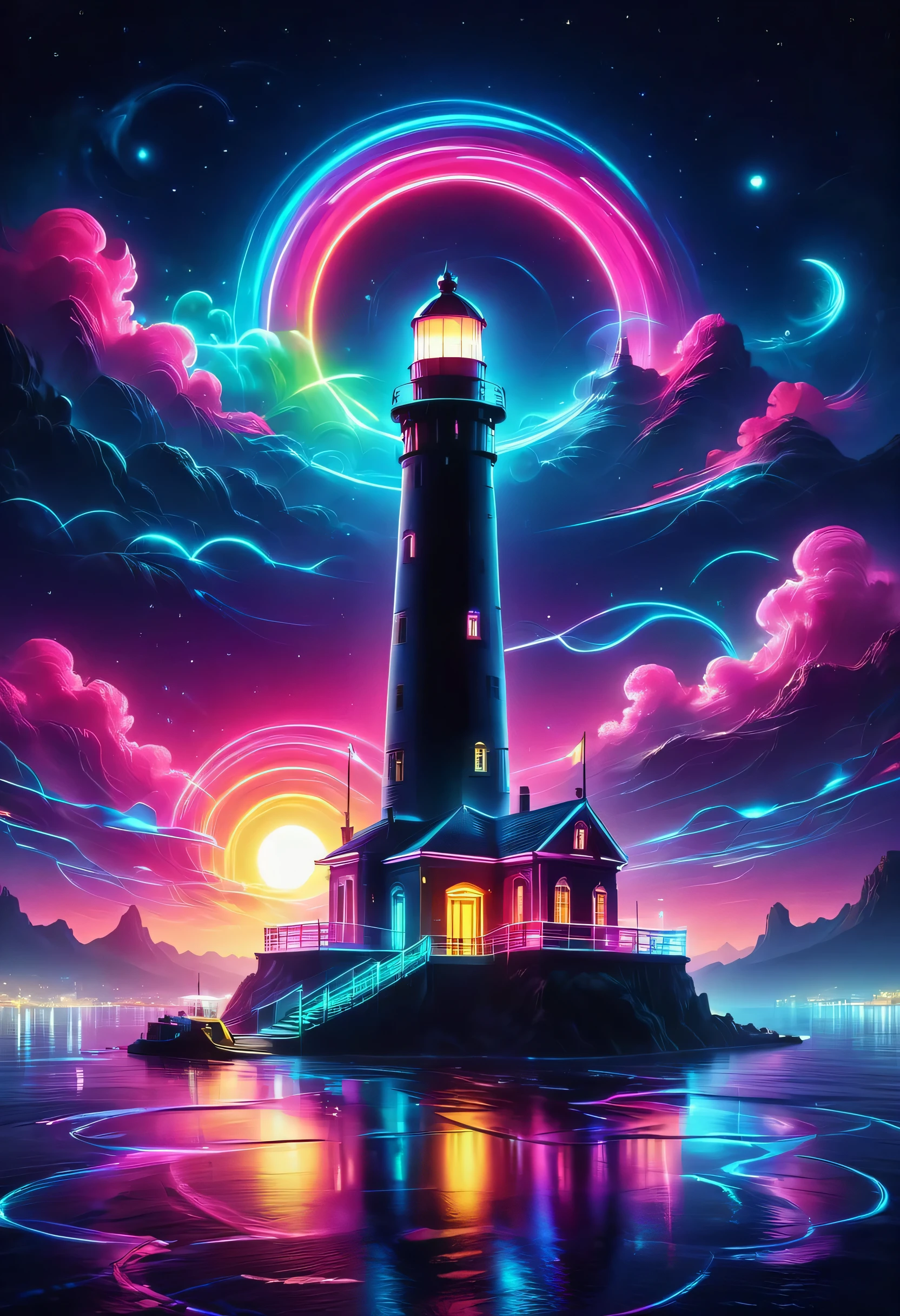 The aesthetics of vaporwave,Landscape painting,Lighthouse colored in neon colors,port town,marina,boat,moon,Star,cloud,Aurora,beautiful,rich colors,flash,and a bright flash,Cast colorful spells,Draw in neon colors on a dark background,A fusion of old-fashioned port town scenery and modern art,Pop Illustration,posters,perfect composition,Design that expresses Italy,tangled,magic element,wonderful,masterpiece,4K,works of art,Bright colors,black,pink,Light blue,purple