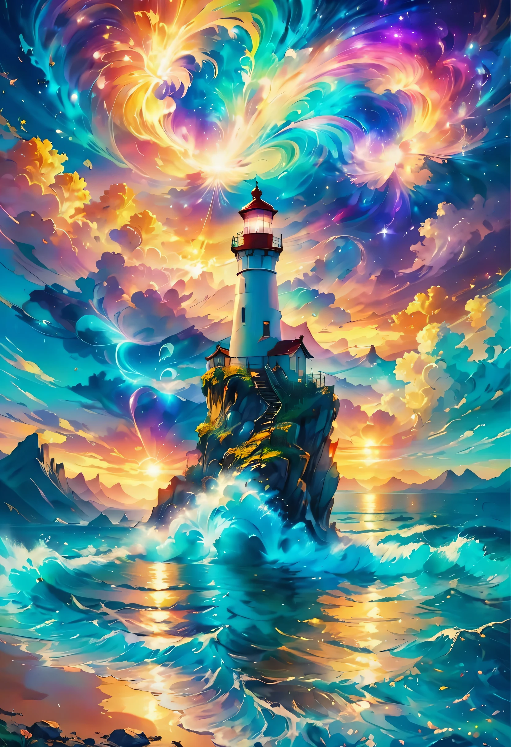 The aesthetics of vaporwave,Landscape painting,Lighthouse colored in neon colors,port town,marina,boat,moon,star,cloud,aurora,beautiful,rich colors,flash,と明るいflash,Cast colorful spells,Draw in neon colors on a dark background,古き良きport townの風景と現代アートの融合,Pop Illustration,poster,perfect composition,Design that expresses Italy,tangled,magic element,wonderful,masterpiece,4k,works of art,Bright colors,black,pink,Light blue,purple