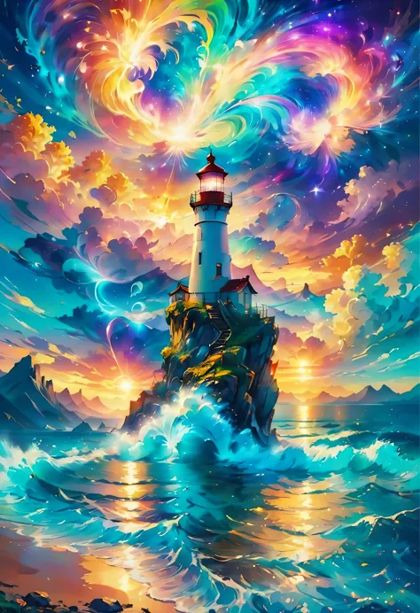 lighthouse landscape painting,(masterpiece, highest quality:1.2),effect,get used to it,magic effect,light,すごくlight, artistic, ar...