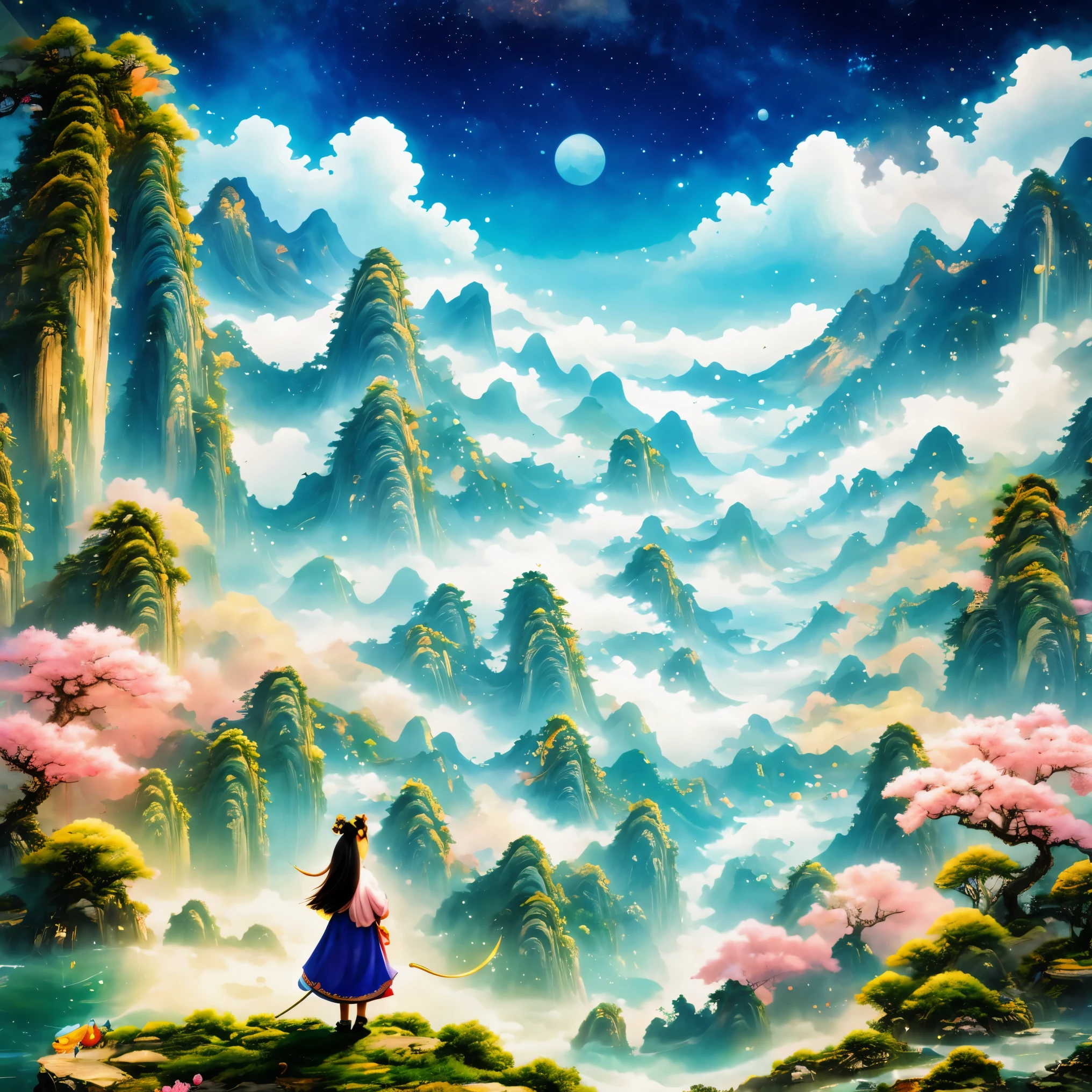 super detailed，Chinese ink style，Chinese Dream Landscape，Fairy tale world, fairyland paradise, big tree, Golden beam, fantasy creatures, Fairy, unicorn, Talking animals, Sweet floral aroma, sweet birdsong, mottled shadow, little girl in white robe, magic wand, Colorful light spots, Far away magical country, imagination, secret, adventure，magical atmosphere，happy and peaceful scene，Surreal and ethereal colors，otherworldly environment，Hazy and mysterious atmosphere，Amazing natural wonders，Grandeur and sense of scale