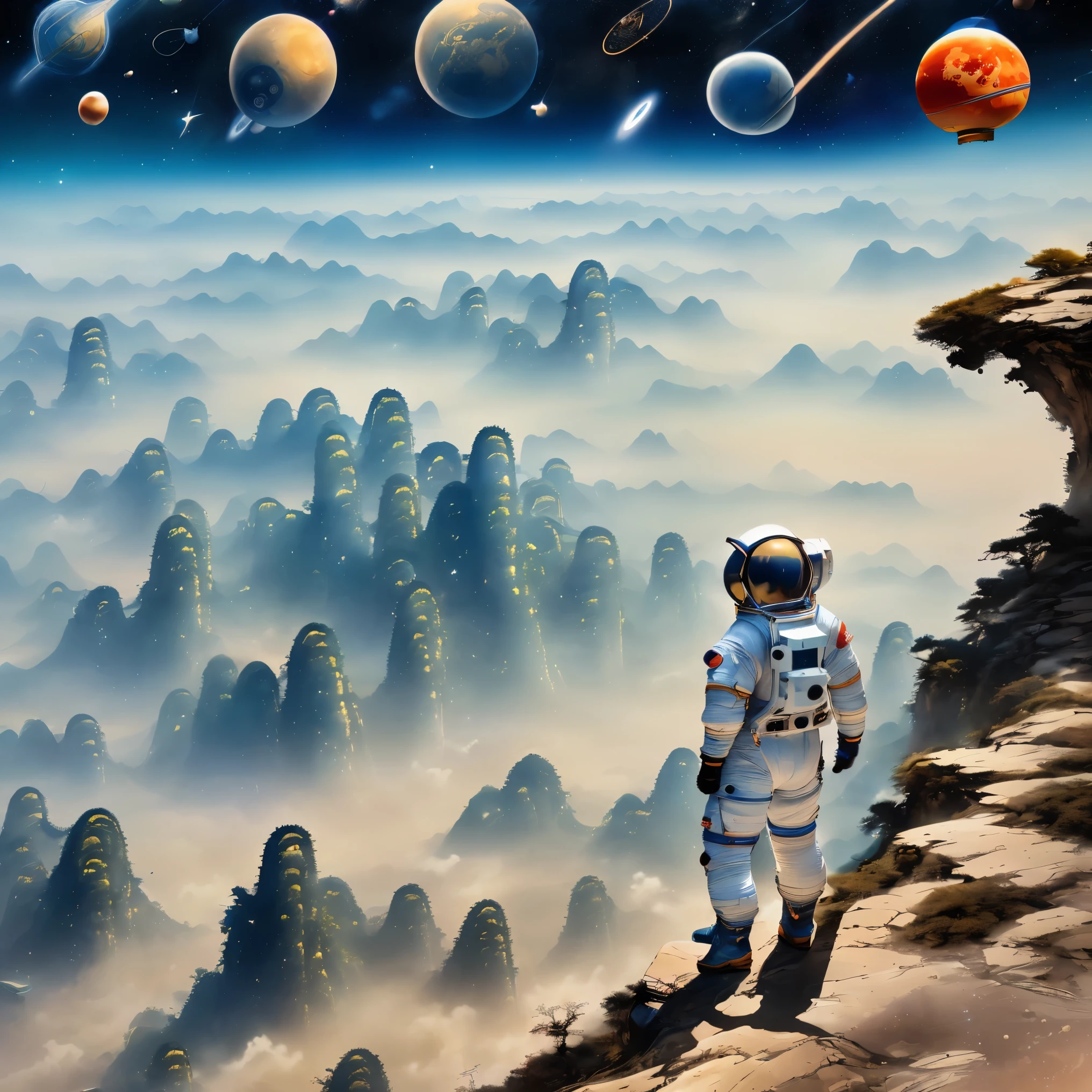 Super detailed，Chinese ink style，Chinese dream landscape，(Distant planetary sky，一个穿着未来尖端技术制成的蓝色space suit，Mars climbing cliff close-up:1.8），Ringed planet floating in the sky，illustration，bright shining stars，Stunning galactic background，A feeling of mystery and tranquility，magical atmosphere、Happy and peaceful scene、Surreal and ethereal colors、textured landscape、otherworldly environment、magnificent view、Hazy and mysterious atmosphere、dramatic light and shadow、Unique rock formations、Thrilling sense of adventure、Amazing natural wonders、A sense of grandeur and scale，Endless possibilities to explore，space suit，(中国高科技space suit，高细节space suit，China's next generation of astronauts:1.5)