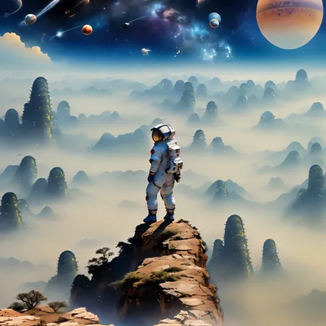 super detailed，chinese ink style，chinese dream landscape，(distant planetary sky，一个穿着未来尖端技术制成的蓝色space suit，mars climbing cliff cl...