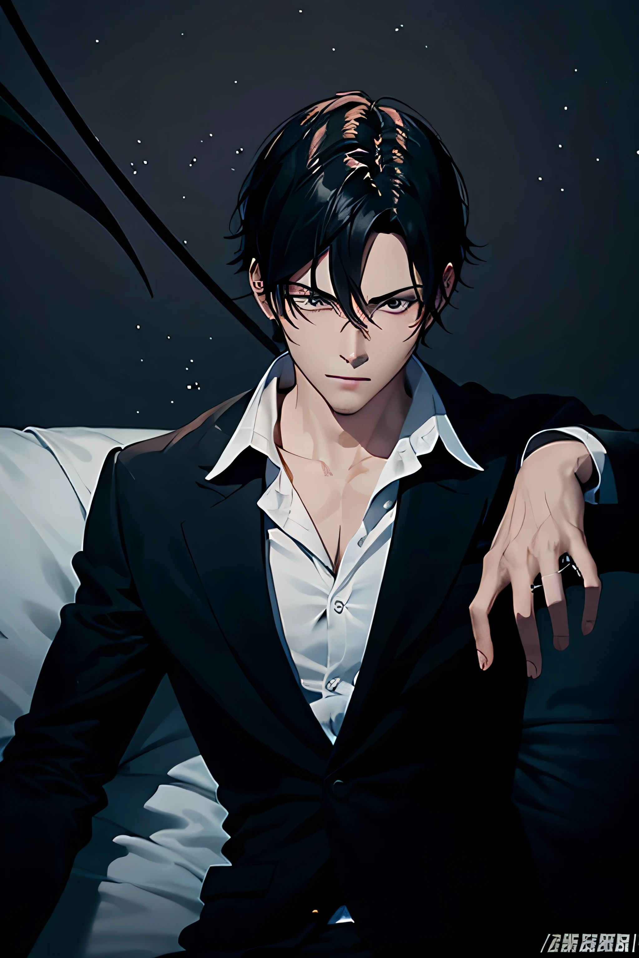 comic style，Flat coating，classical painting methods，line strokes，dangerous，suit，shirt，hand with veins，Put the ring on your hand，gaze，Handsome，vampire，Young face，年轻Handsome的男人