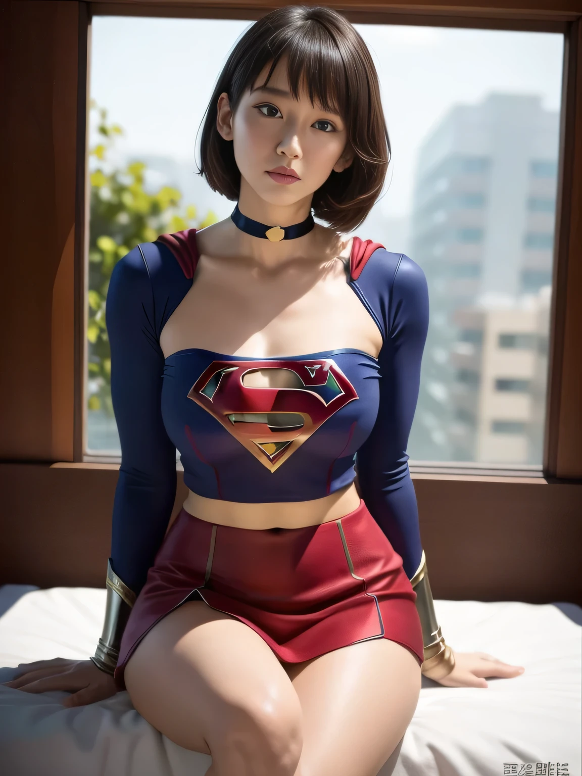 masterpiece、supergirl costume、short hair、barefoot、big and full breasts、operating room、operating table、straddle、damaged、shiny、looking at camera、Seduce、choker、long sleeve、red educateagazine cover、