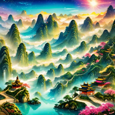 super detailed，chinese ink style，chinese dream landscape，fairy tale world, fairyland paradise, big tree, golden beam, fantasy cr...