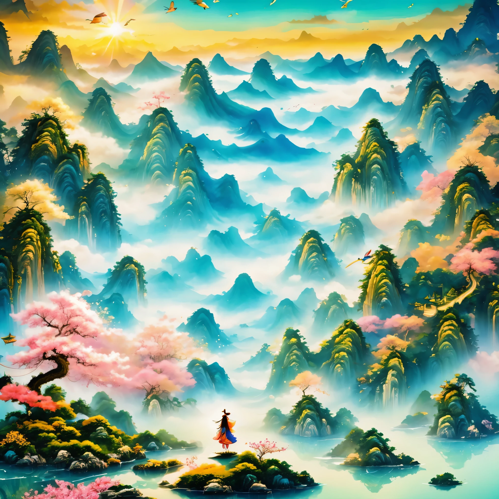 super detailed，Chinese ink style，Chinese Dream Landscape，Fairy tale world, fairyland paradise, big tree, Golden beam, fantasy creatures, Fairy, unicorn, Talking animals, Sweet floral aroma, sweet birdsong, mottled shadow, little girl in white robe, magic wand, Colorful light spots, Far away magical country, imagination, secret, adventure，magical atmosphere，happy and peaceful scene，Surreal and ethereal colors，otherworldly environment，Hazy and mysterious atmosphere，Amazing natural wonders，Grandeur and sense of scale