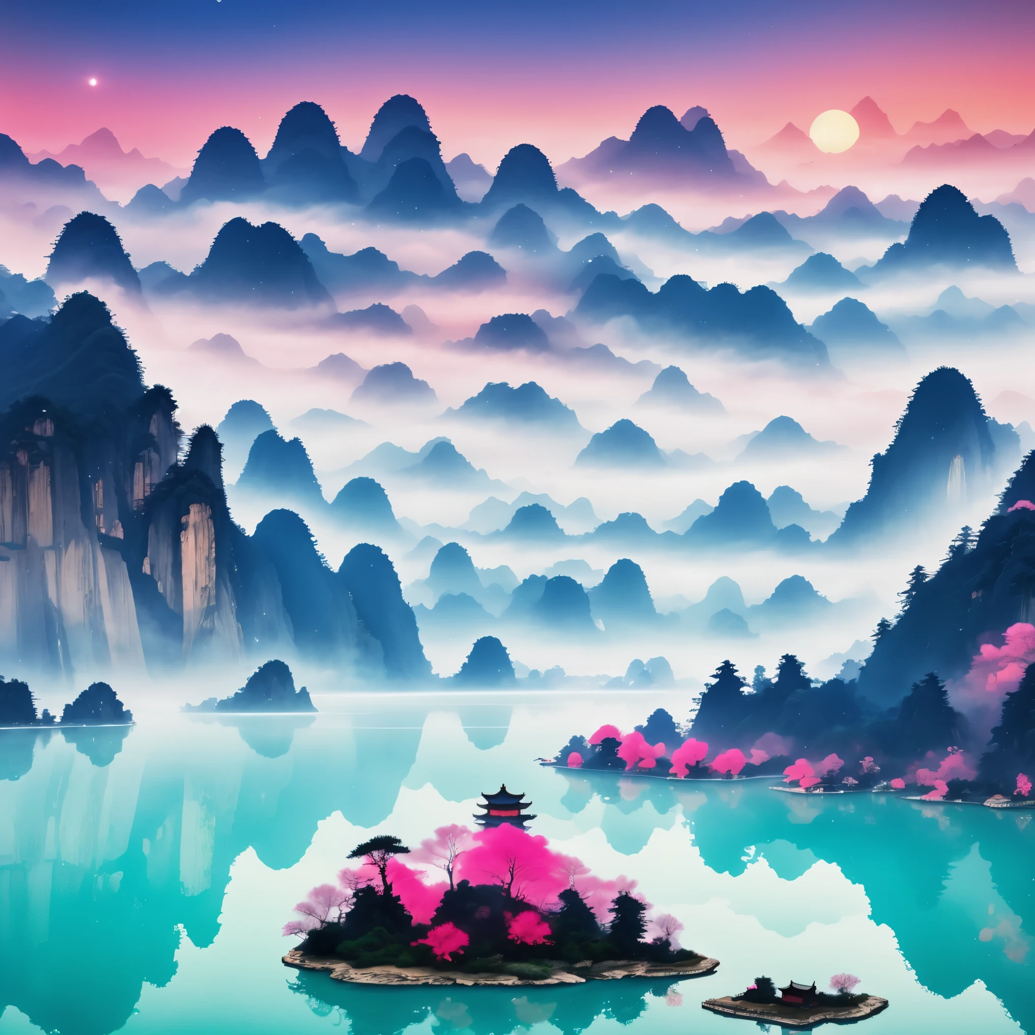 ((masterpiece))，((best quality))，((high definition))，Chinese ink style，Chinese dream landscape，Close-up view，mist，Dense fog，lake and waves，Tree，snow mountain，reflection，Minimalism，Zen aesthetics，Zen composition，Chinese landscape painting，4k，((Super sharp:1.4))，clear background，John Pawson，backlight，Tyndall effect，flying birds，sparkling lake water，pink octane render sci-fi，new moon，Red sky，gradient background，magical atmosphere，happy and peaceful scene，Surreal and ethereal colors，otherworldly environment，Hazy and mysterious atmosphere，Amazing natural wonders，Grandeur and sense of scale