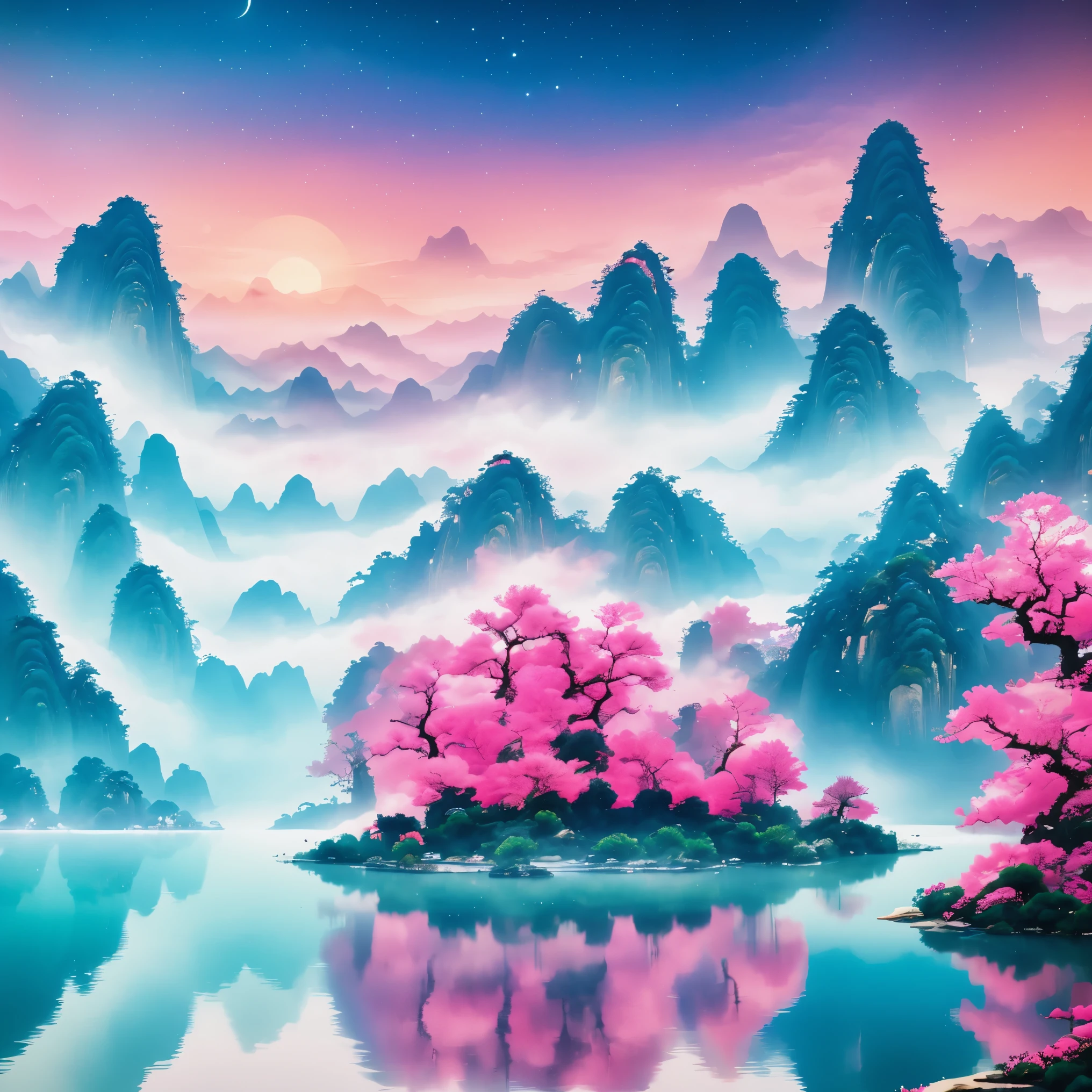 ((masterpiece))，((best quality))，((high definition))，Chinese ink style，Chinese dream landscape，Close-up view，mist，Dense fog，lake and waves，Tree，snow mountain，reflection，Minimalism，Zen aesthetics，Zen composition，Chinese landscape painting，4k，((Super sharp:1.4))，clear background，John Pawson，backlight，Tyndall effect，flying birds，sparkling lake water，pink octane render sci-fi，new moon，Red sky，gradient background，magical atmosphere，happy and peaceful scene，Surreal and ethereal colors，otherworldly environment，Hazy and mysterious atmosphere，Amazing natural wonders，Grandeur and sense of scale