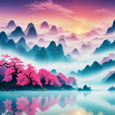 ((masterpiece))，((best quality))，((high definition))，chinese ink style，chinese dream landscape，close-up view，mist，dense fog，lake...