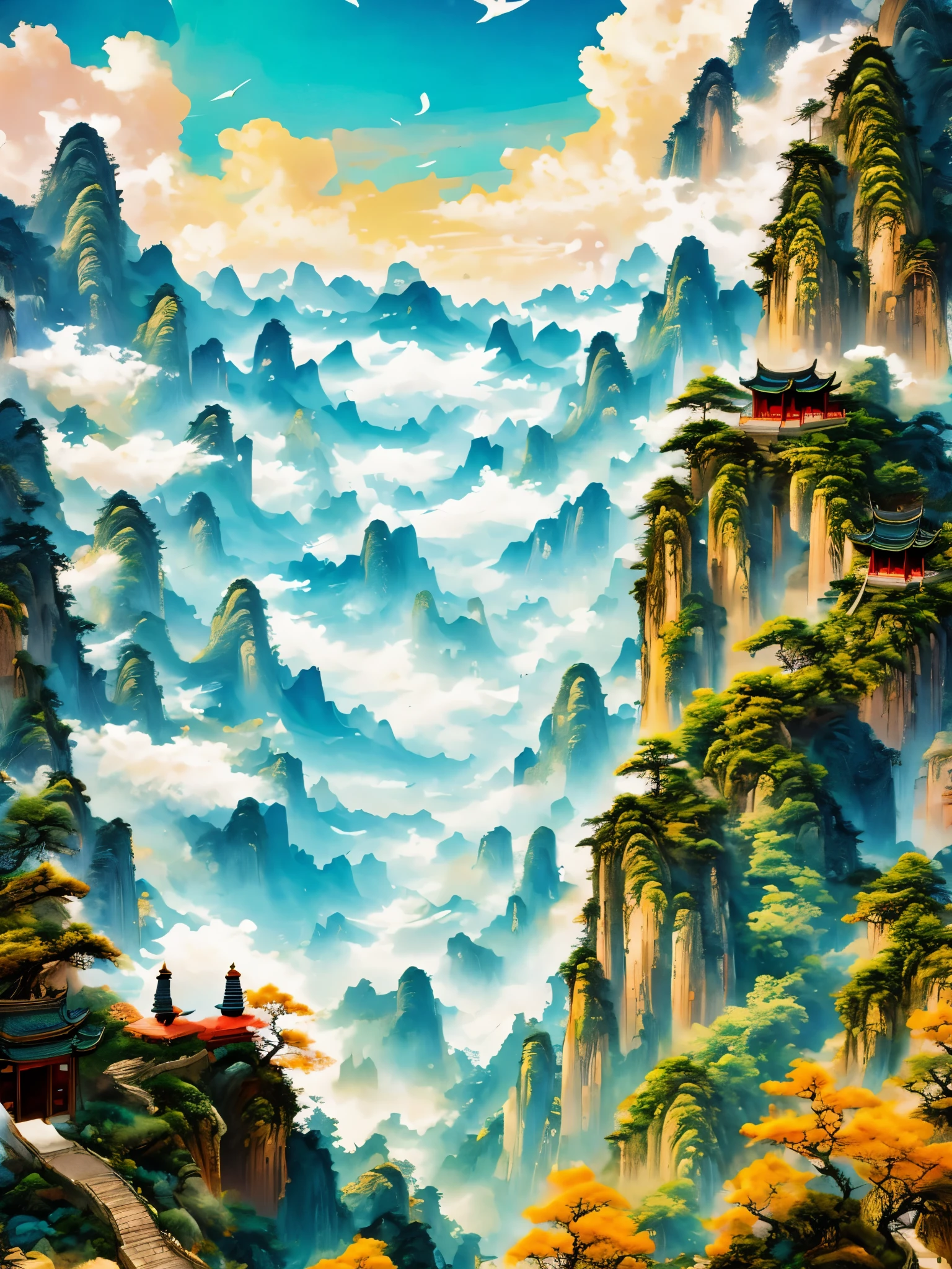 (masterpiece, best quality:1.2), ink style, landscape artistic conception, Zen aesthetics, Zen composition, ancient chinese architecture, cloud, cliff, pine, Fall, white deer, rich light, mountains