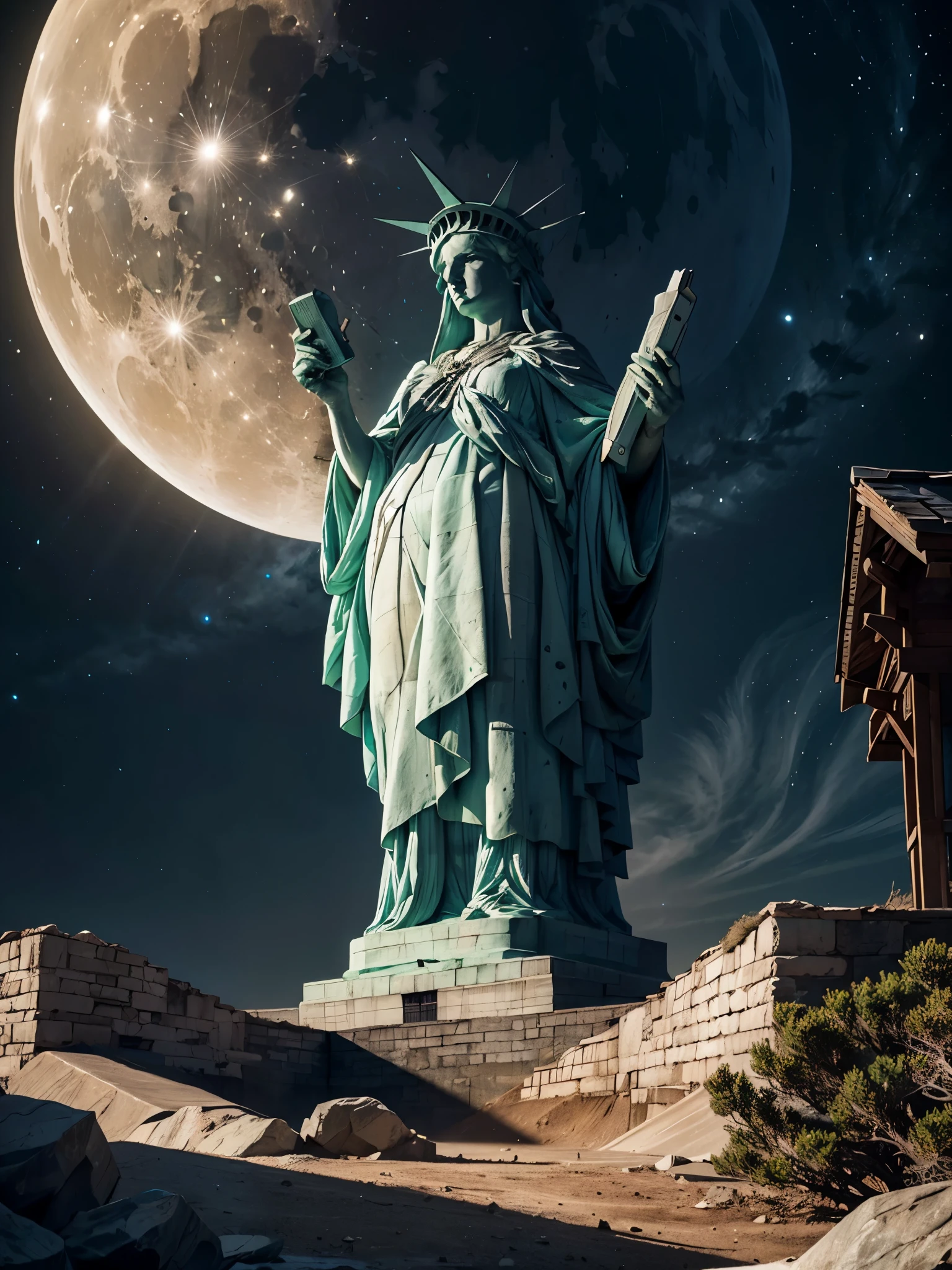 a colossal bottle which contained a majectic mountain and lady-liberty,  very high quality and Very detailed scene, Octane render, Starry Sky, Dreams, Giant green Moon, Vaut of heaven, Inspiration, Imagination  