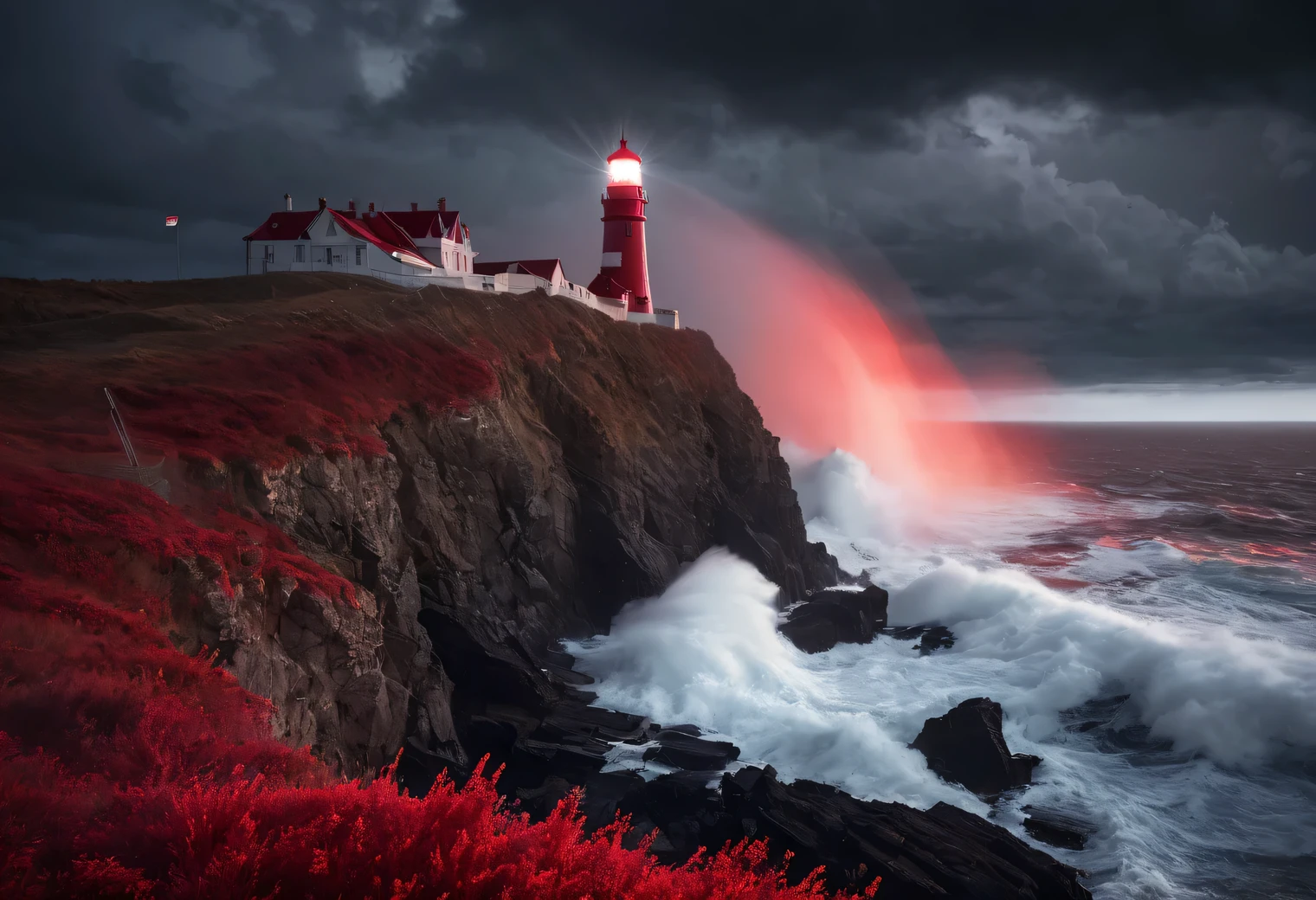 red art, Realistic painting in red tones., (fog:1.2), (the wind carries sea spray and foam:1.7), the dark a stormy sky is illuminated by the red light of the lighthouse, Double exposure effect, (1 Lighthouse on the edge of a cliff:1.5 glows red:1.3505), sea, Strong (a storm:1.3050), a stormy wind:1.250), red backlight, (ray tracing:1.2), (Tyndall effect:1.4055 lighthouse beams:1.4), High detail, a storm haze, Texture smoothing, outline blur, red palette