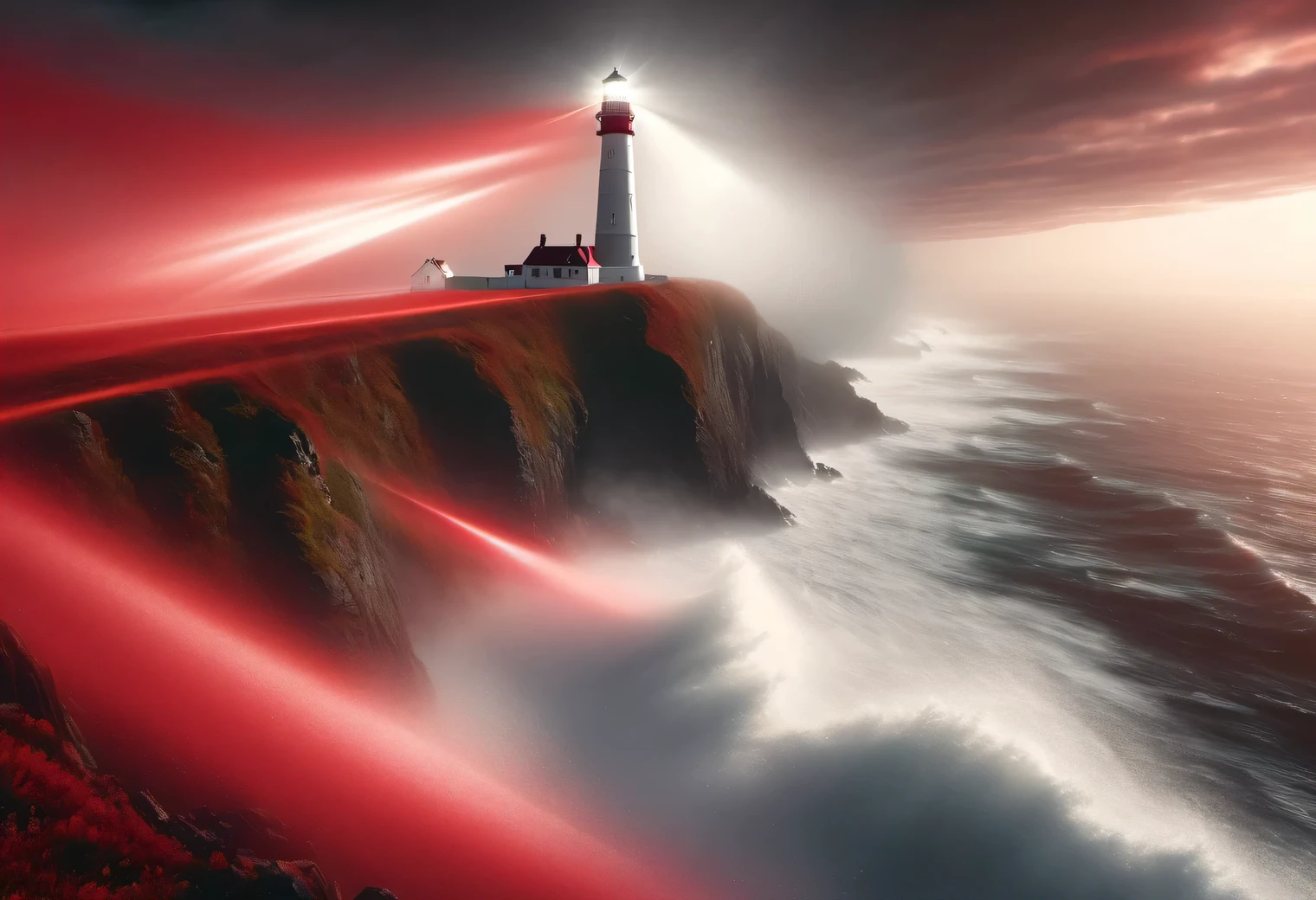 red art, Realistic painting in red tones., (fog:1.2), (the wind carries sea spray and foam:1.7), the dark a stormy sky is illuminated by the red light of the lighthouse, Double exposure effect, (1 Lighthouse on the edge of a cliff:1.5 glows red:1.3505), sea, Strong (a storm:1.3050), a stormy wind:1.250), red backlight, (ray tracing:1.2), (Tyndall effect:1.4055 lighthouse beams:1.4), High detail, a storm haze, Texture smoothing, outline blur, red palette