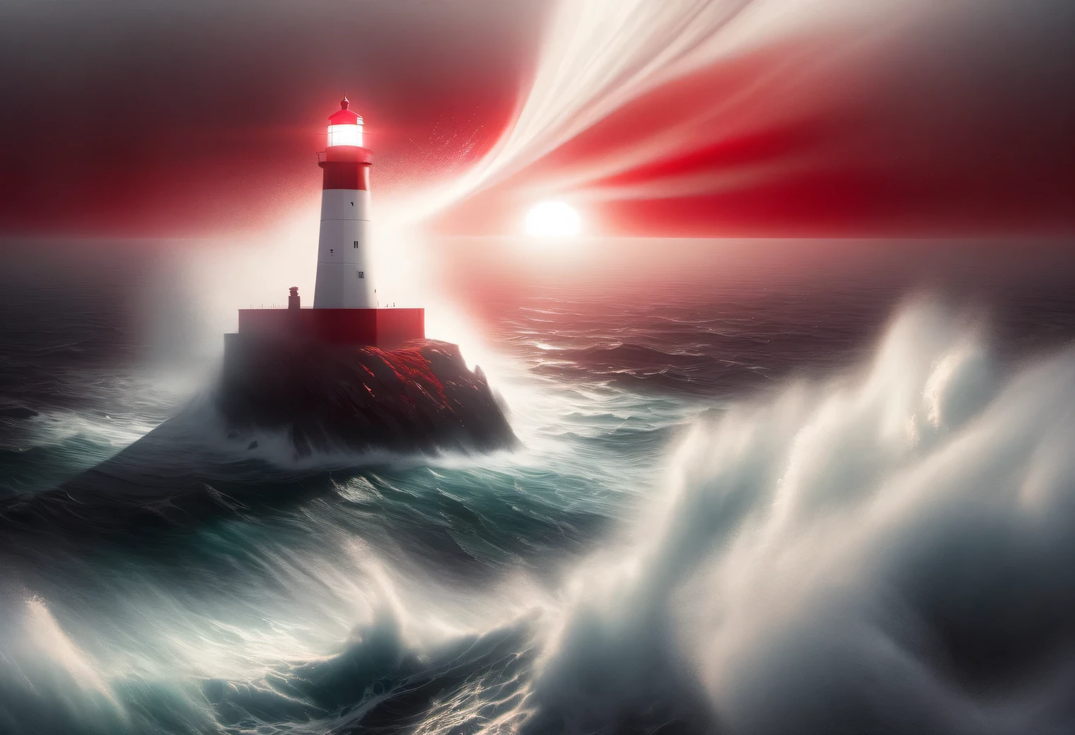 red art, Realistic painting in red tones., (fog:1.2), (the wind carries sea spray and foam:1.7), the dark a stormy sky is illuminated by the red light of the lighthouse, Double exposure effect, (1 Lighthouse on the edge of a cliff:1.5 glows red:1.3505), sea, Strong (a storm:1.3050), a stormy wind:1.250), red backlight, (ray tracing:1.2), (Tyndall effect:1.4055 lighthouse beams:1.4), High detail, a storm haze, Texture smoothing, outline blur, red palette