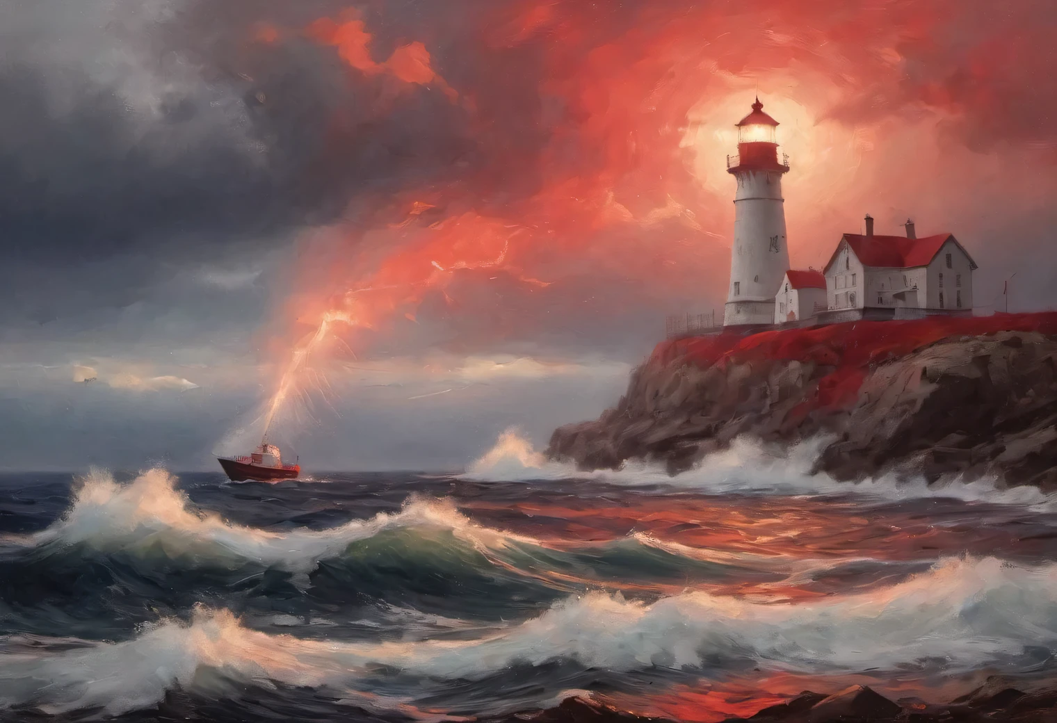 red art, Realistic painting in red tones., (fog:1.2), (the wind carries sea spray and foam:1.7), the dark a stormy sky is illuminated by the red light of the lighthouse, Double exposure effect, (1 Lighthouse on the edge of a cliff:1.5 glows red:1.3505), sea, Strong (a storm:1.3050), a stormy wind:1.250), red backlight, (ray tracing:1.2), (Tyndall effect:1.4055 lighthouse beams:1.4), High detail, a storm haze, Texture smoothing, outline blur, red palette, Ivan Aivazovsky