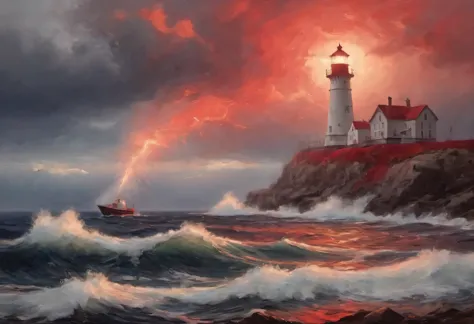 red art, Realistic painting in red tones., (fog:1.2), (the wind carries sea spray and foam:1.7), the dark a stormy sky is illumi...